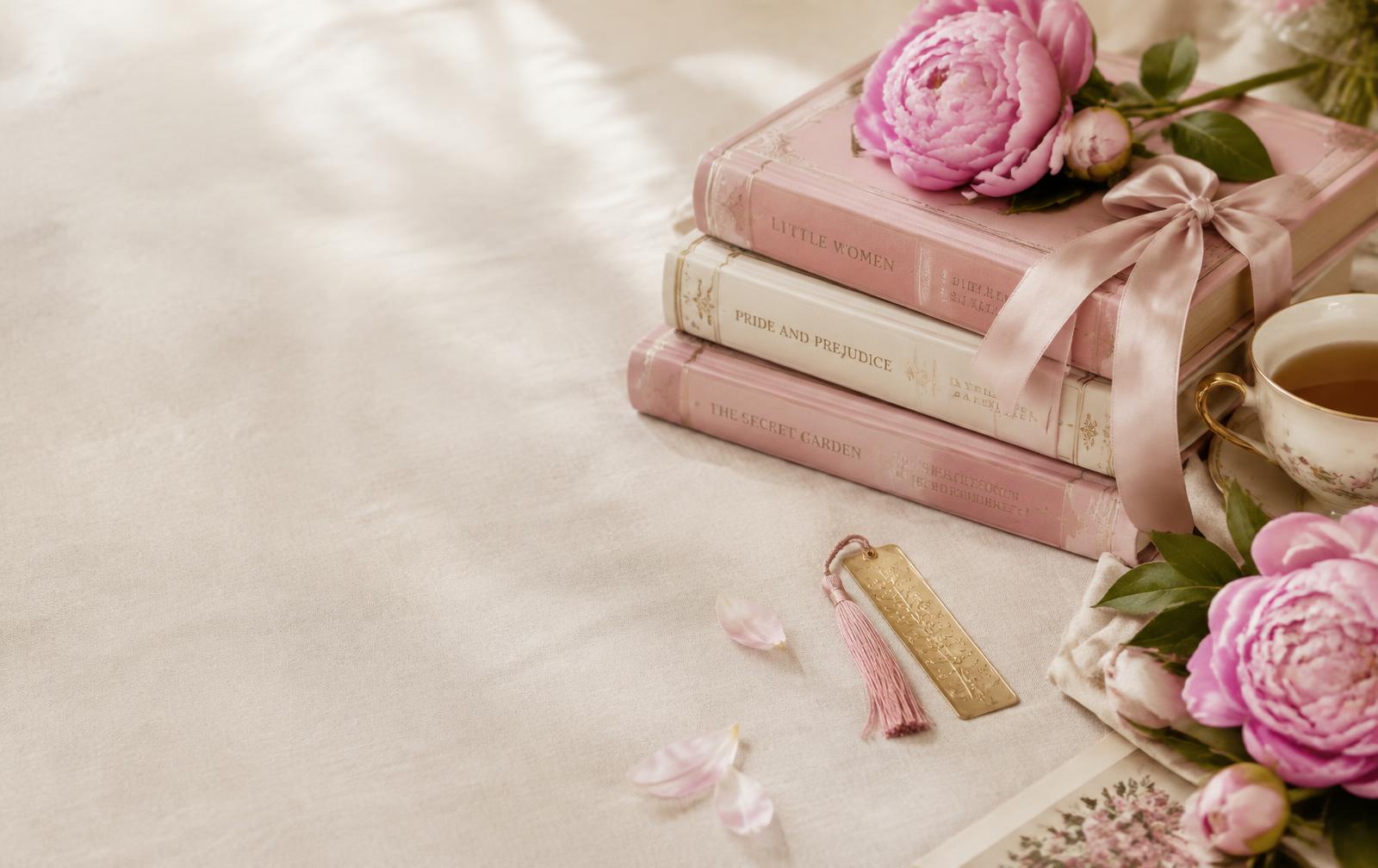 Pink books tied with a bow beside peonies and tea